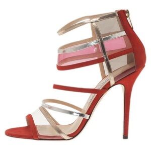 Jimmy Choo Red Multicolor Suede PVC Perspex Mai Tai Heeled Open Toe Sandals 36.5